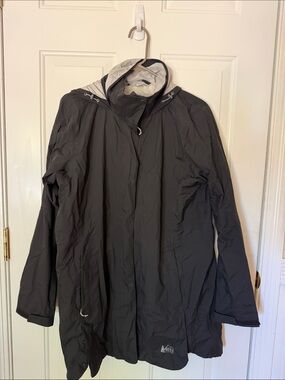 REI Black Hooded Raincoat with Light Gray Lining